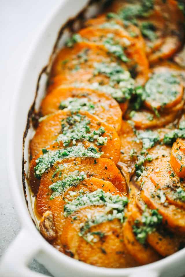 Close-up of Sweet Potato Roast with Parsley Pesto in a casserole dish
