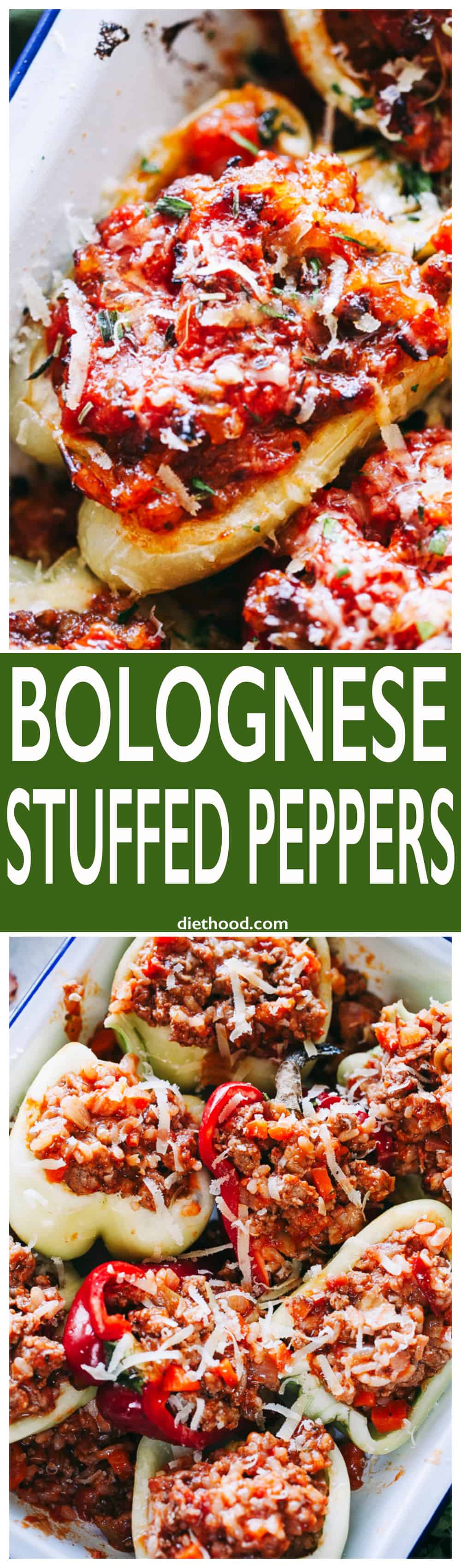Bolognese Stuffed Peppers - Bolognese inspired filling for stuffed peppers prepared with ground meat, pancetta, tomato sauce, and seasonings.