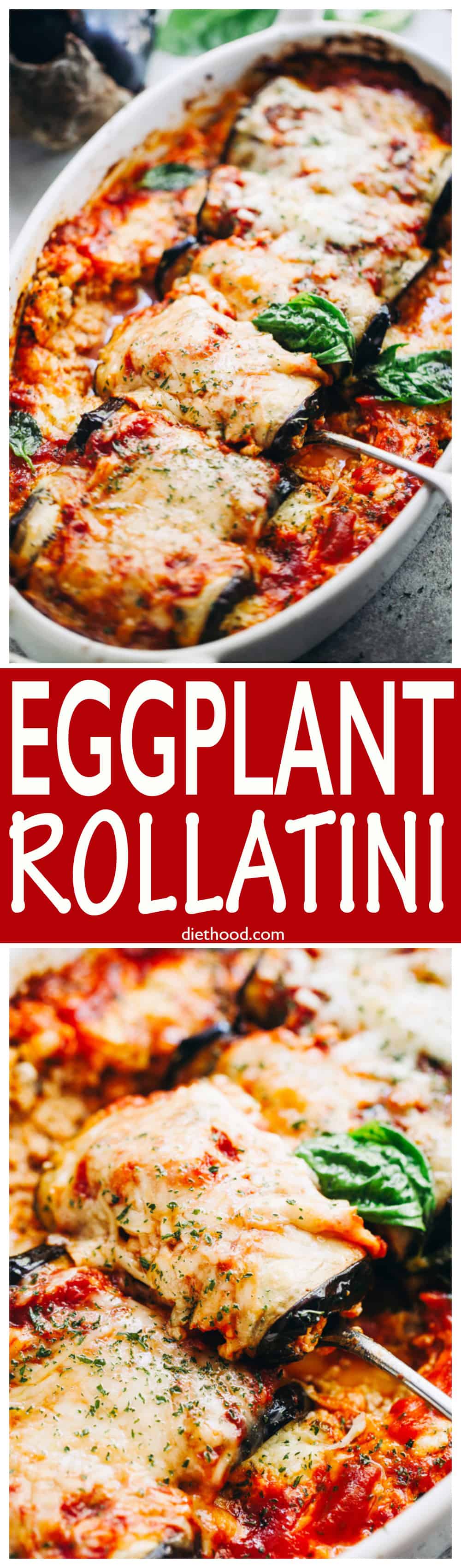 Eggplant Rollatini - Eggplant rollups stuffed with a cheesy ricotta blend, and baked in a delicious marinara sauce.