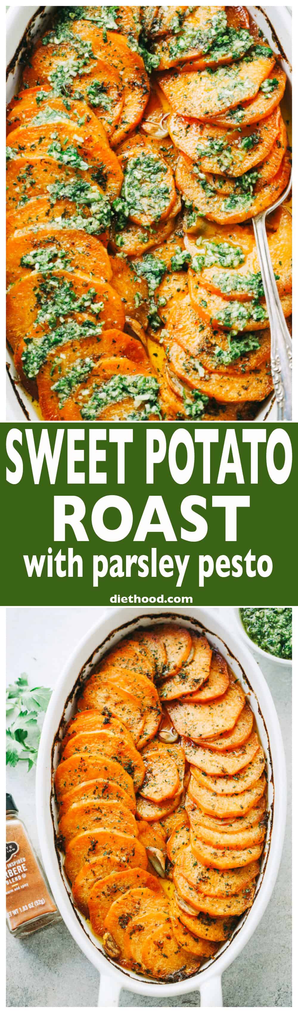 Sweet Potato Roast with Parsley Pesto - Tender, extra-flavorful roasted sweet potatoes with olive oil, a touch of butter, fragrant berbere spice, and topped with the most delicious parsley pesto.