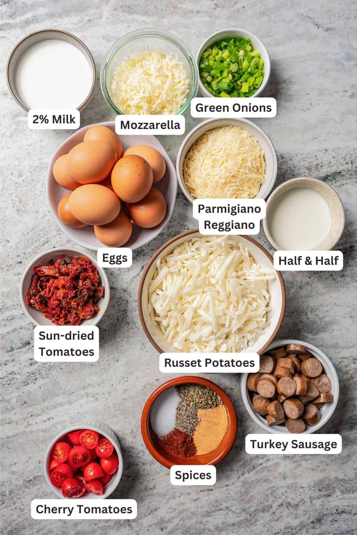 Breakfast casserole ingredients with text labels overlaying each ingredient.