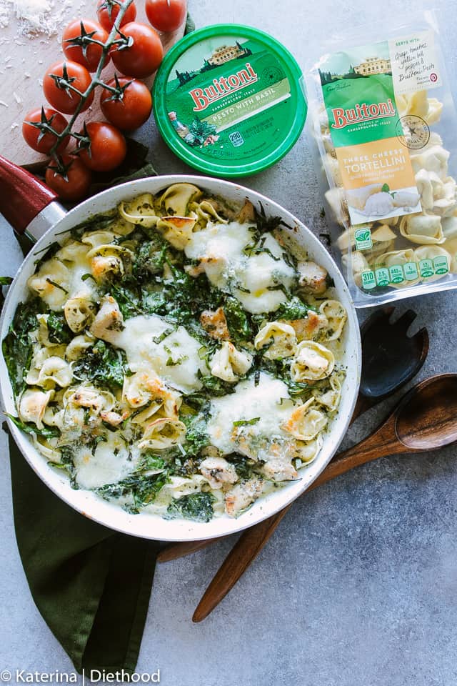 Easy Creamy Chicken Pesto Tortellini - Delicious, super easy dinner with creamy, cheesy tortellini, basil pesto, chicken and spinach.