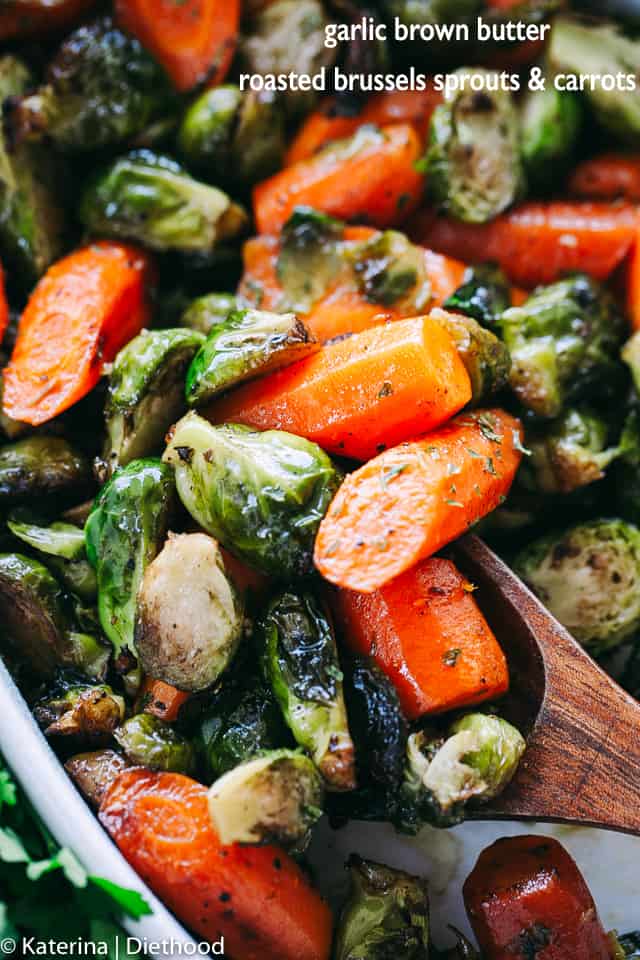 Close-up image of roasted Brussels Sprouts and Carrots.