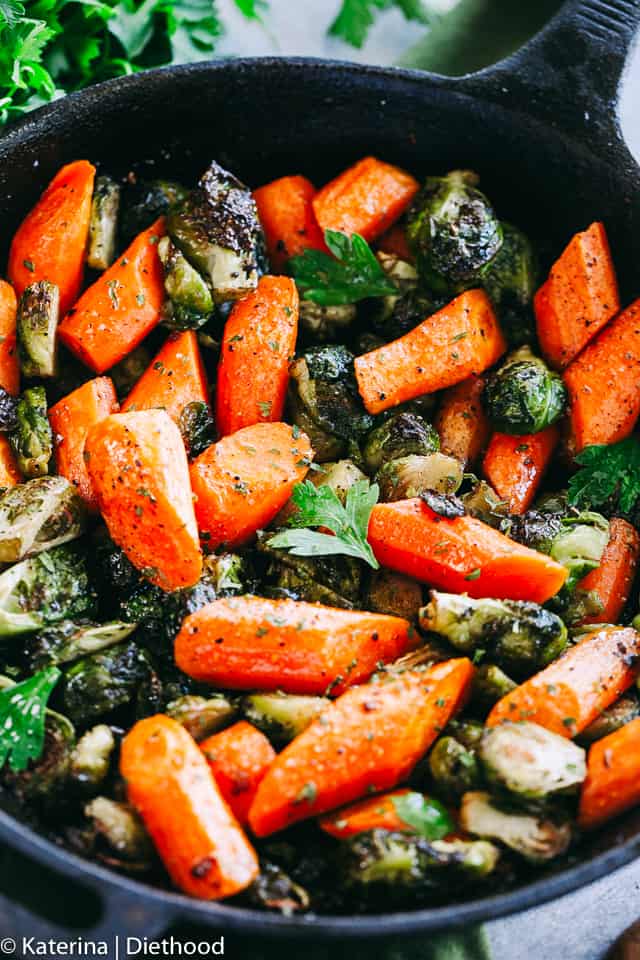 Garlic Brown Butter Roasted Brussels Sprouts and Carrots 