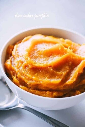 Slow cooker pumpkin puree in a bowl.
