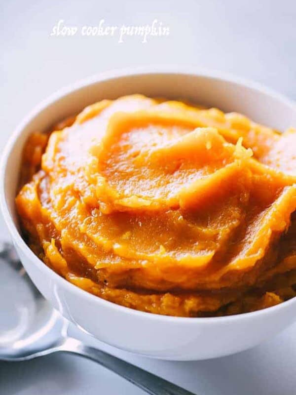 Slow cooker pumpkin puree in a bowl.