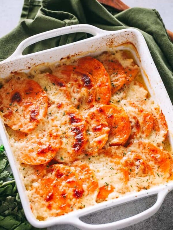 Overhead image of baked Sweet Potato Gratin.