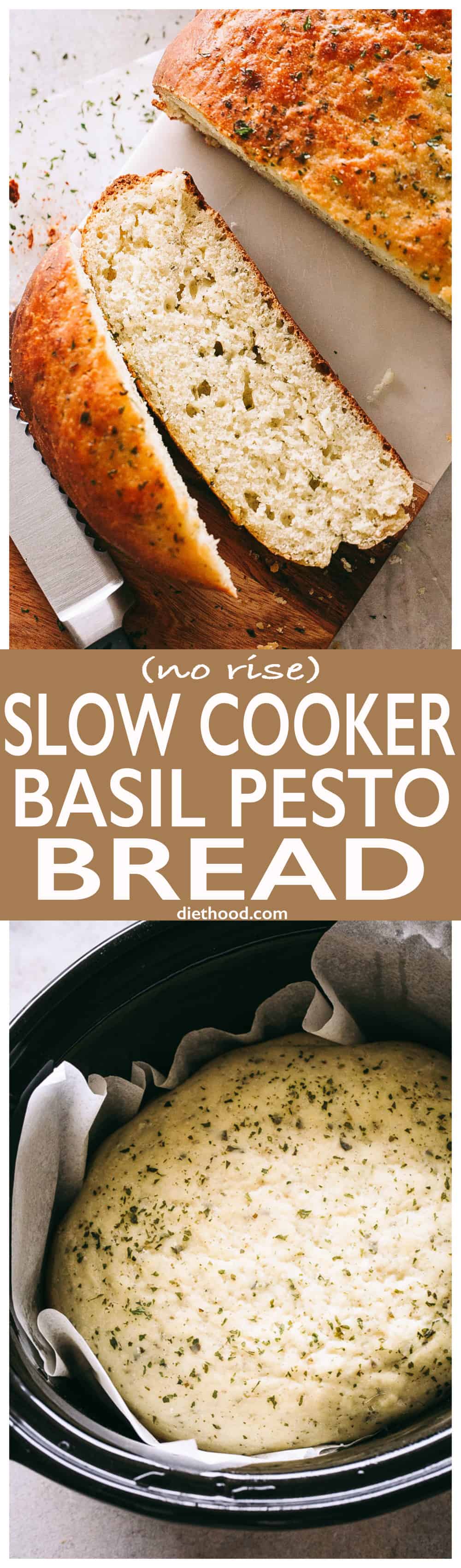 (No-Rise) Slow Cooker Basil Pesto Bread - This no-rise, no-fuss, SUPER DELICIOUS slow cooker bread is packed with basil pesto and it's probably one of the most flavorful bread recipes you will ever make! #slowcooker #bread #crockpot