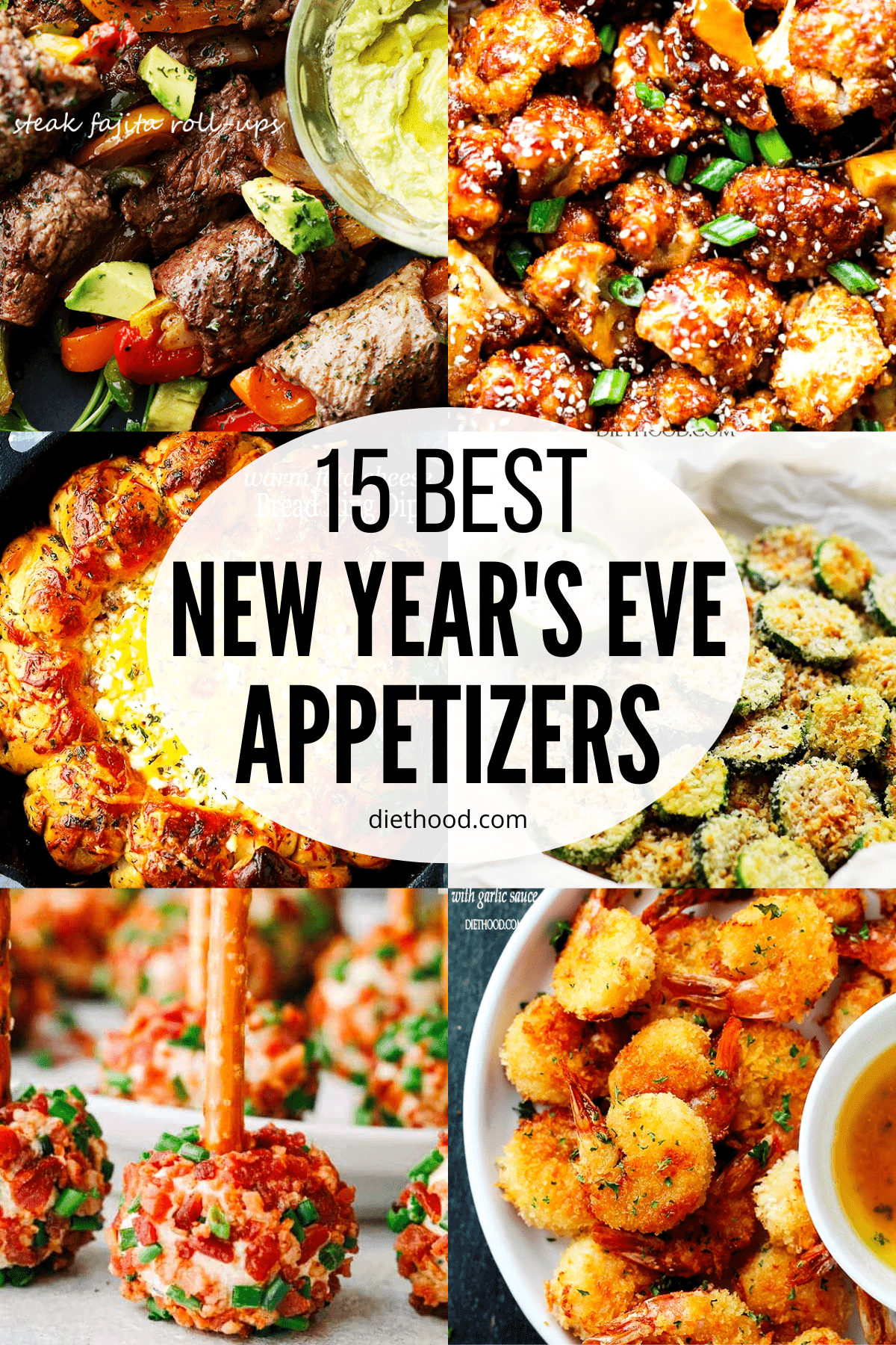 Collage of six photos of new year's eve appetizer recipes.