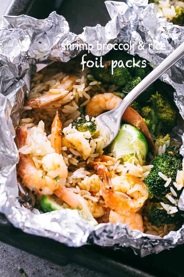 Shrimp Foil Packets with Broccoli and Rice - Camping Meals