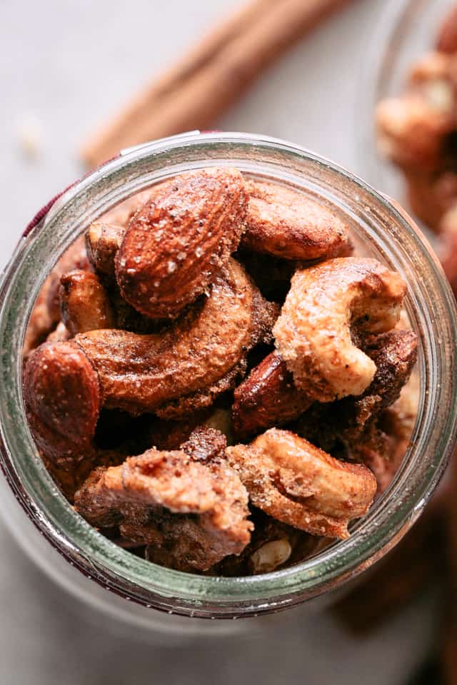 Overhead close-up view of Vanilla Spiced Nuts in a jar
