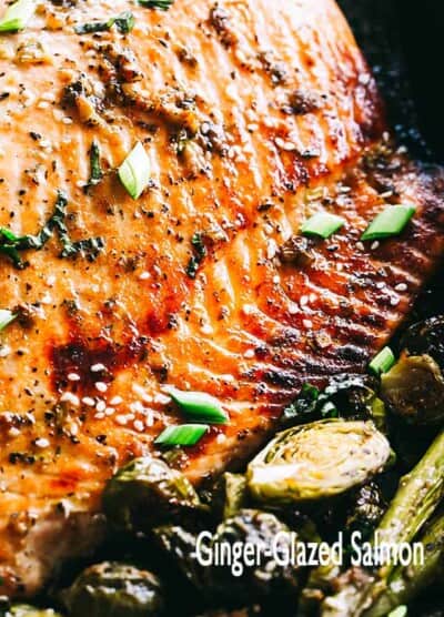 Ginger Glazed Salmon with Asparagus and Brussels Sprouts - A slightly sweet, but spicy and incredibly flavorful ginger-glaze creates this irresistible salmon dish that is very simple to prepare and comes together in about 30 minutes!