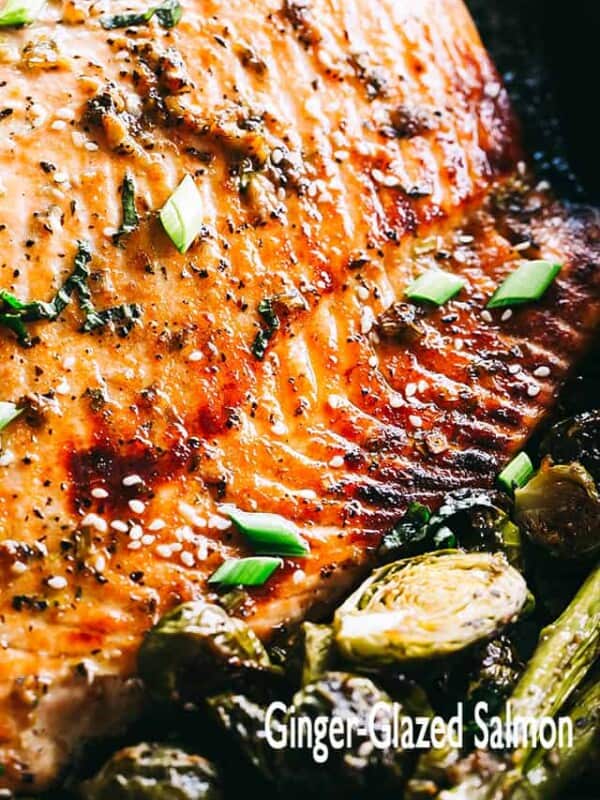 Ginger Glazed Salmon with Asparagus and Brussels Sprouts - A slightly sweet, but spicy and incredibly flavorful ginger-glaze creates this irresistible salmon dish that is very simple to prepare and comes together in about 30 minutes!