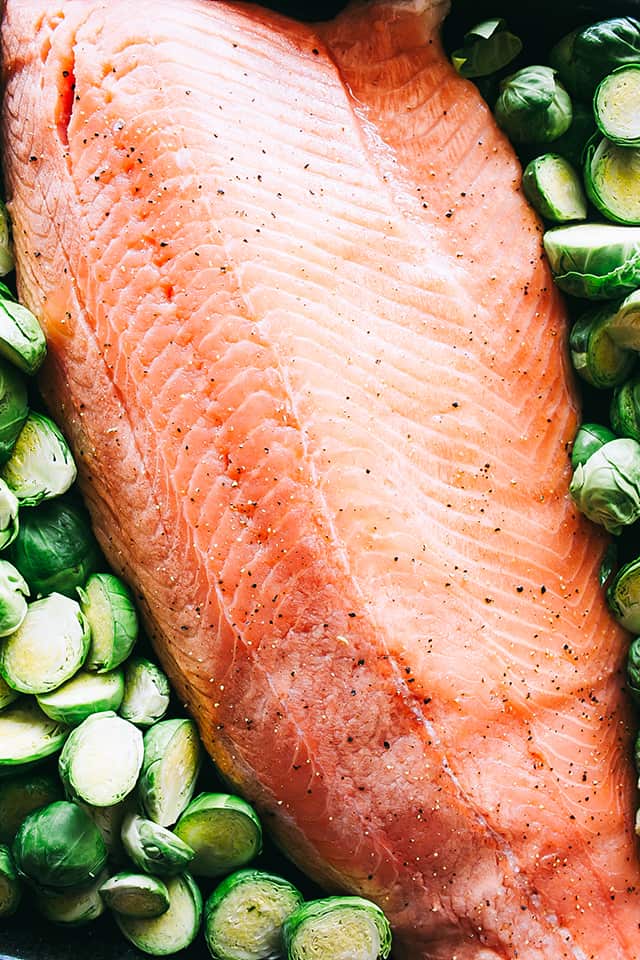 Salmon fillet surrounded with brussels sprouts.