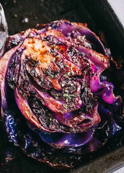 Balsamic Roasted Cabbage Steaks Recipe - Roasted, crispy, and incredibly flavorful cabbage steaks brushed with a sweet and savory balsamic and garlic glaze.
