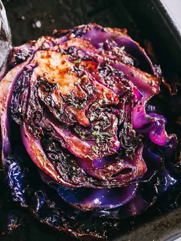 Balsamic Roasted Cabbage Steaks Recipe - Roasted, crispy, and incredibly flavorful cabbage steaks brushed with a sweet and savory balsamic and garlic glaze.