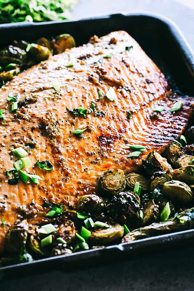 Baked ginger glazed salmon with brussels sprouts and asparagus.