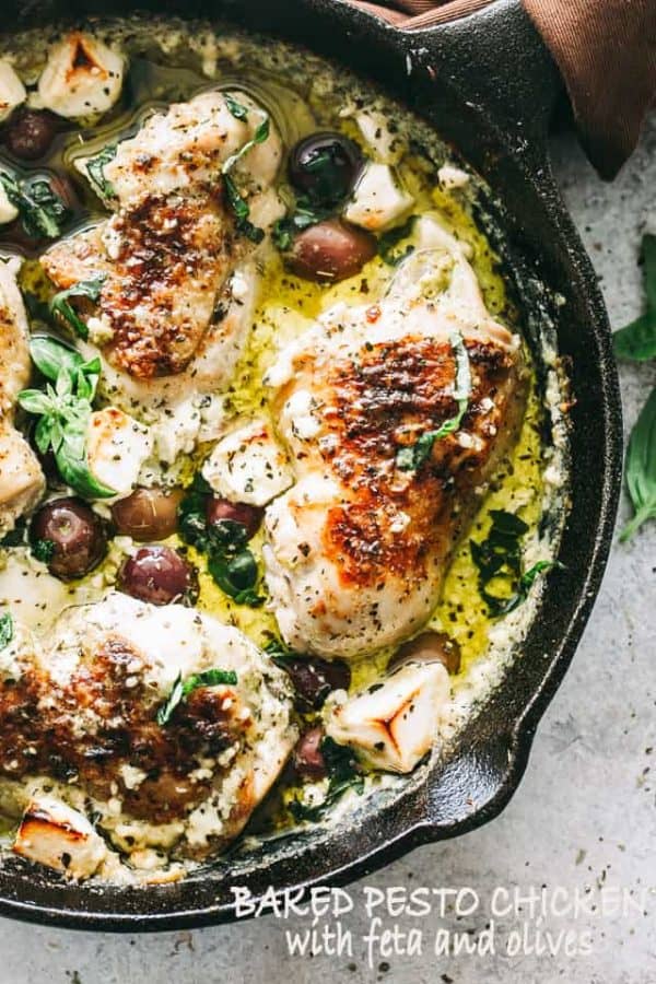 Baked Pesto Chicken Recipe with Olives & Feta | Keto Chicken Dinner