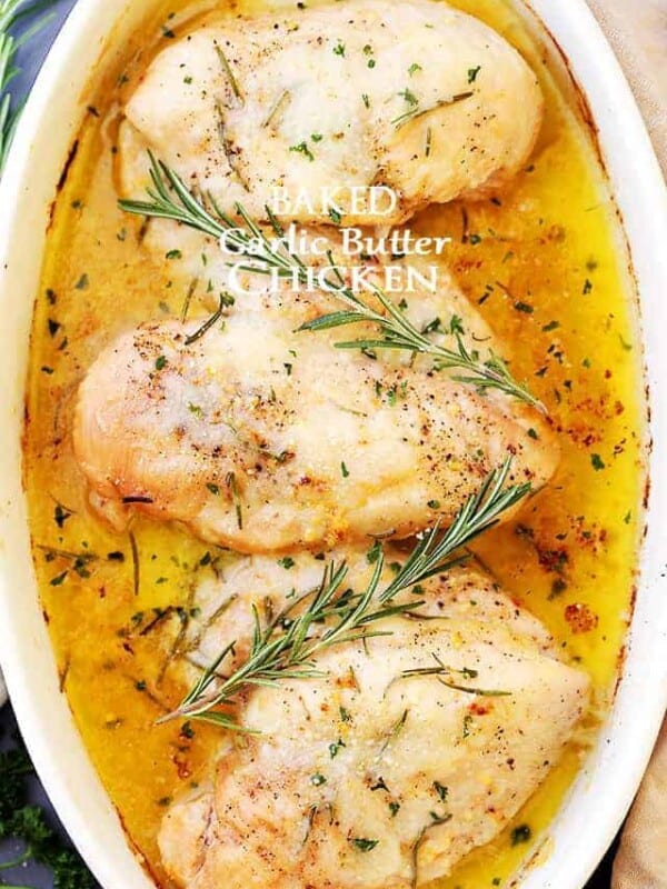 Baked Garlic Butter Chicken - Super quick, easy and SO delicious Garlic Butter Chicken with fresh rosemary and cheese. The perfect one pan dish for a weeknight!