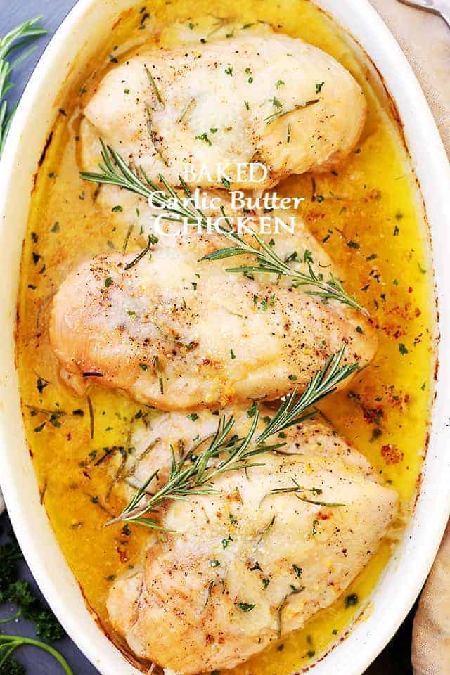 Baked Garlic Butter Chicken - Super quick, easy and SO delicious Garlic Butter Chicken with fresh rosemary and cheese. The perfect one pan dish for a weeknight!
