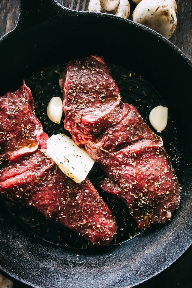 steaks in skillet, steak recipes, mushroom sauce, 30 minute meals, one skillet meals, pan seared sirloin steak