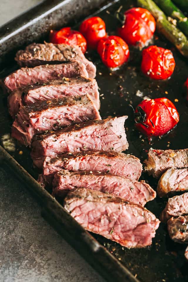 Sliced sirloin steak.