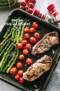 Steak and Veggies Sheet Pan Dinner - Perfectly seasoned sirloin steak, tender asparagus, and cherry tomatoes prepared together on just one sheet pan.