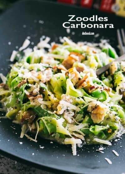 Pasta Carbonara with Zucchini Noodles - Healthy, lightened up version of the classic pasta carbonara prepared with delicious zucchini noodles, pan fried pancetta, and an irresistible creamy parmesan sauce.