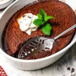 Chocolate fudge cake in a baking dish.