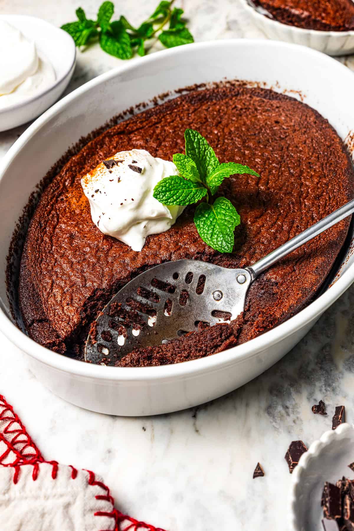 Chocolate fudge cake in a baking dish.
