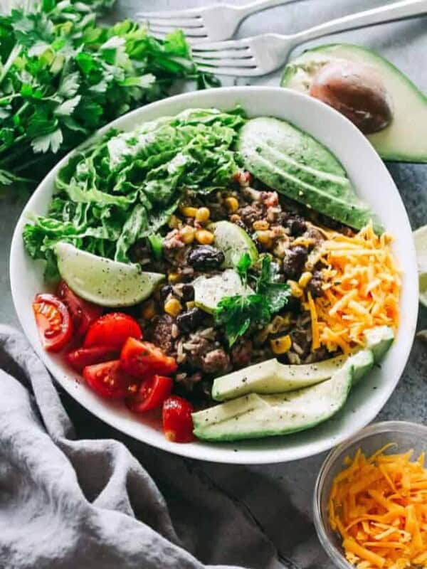 Overhead view of an instant pot burrito bowl with all the toppings.