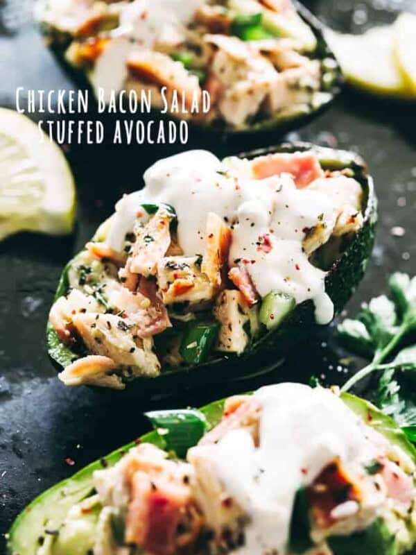 Stuffed Avocados with Chicken Bacon Salad - Quick and healthy stuffed avocados loaded with a delicious chicken, avocado, and bacon salad tossed in a refreshing lemon vinaigrette.