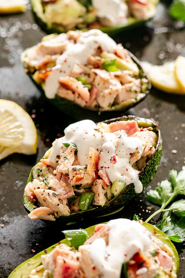 Bacon and Chicken stuffed in avocados.