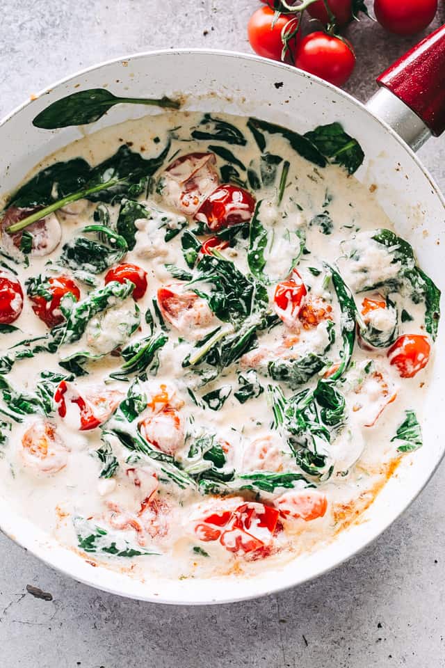 salmon fillets, fish, seafood recipes, cream sauce, pan seared salmon with tomatoes and spinach
