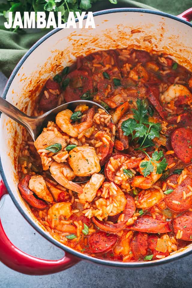 jambalaya recipe, chicken, shrimp, andouille sausage, rice, one pot meals