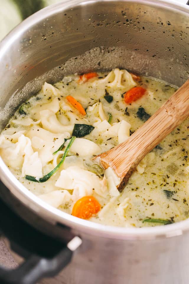 Stirring through a chicken tortellini soup in a pot.