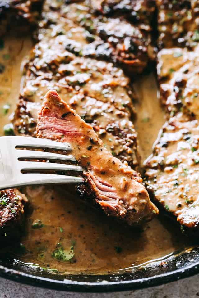 Skillet Steak, bourbon sauce, sirloin steak