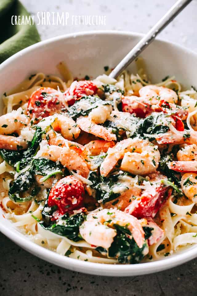Creamy Shrimp Fettuccine with Spinach and Tomatoes Recipe - Diethood