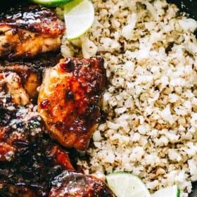 Honey Sriracha Chicken with Cauliflower Rice Recipe - Flavor-loaded, sweet and spicy honey sriracha chicken served with a delicious side of cauliflower rice. 