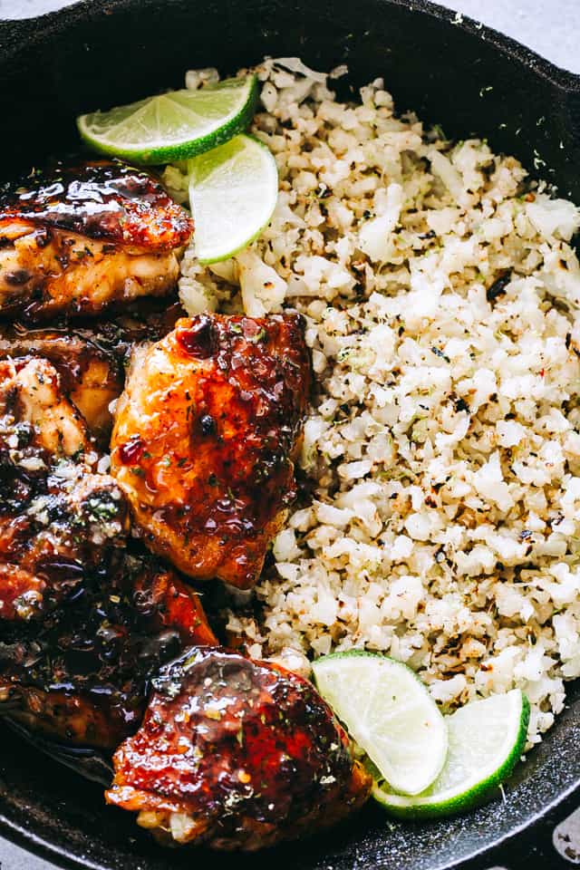 Honey Sriracha Chicken with Cauliflower Rice Recipe - Flavor-loaded, sweet and spicy honey sriracha chicken served with a delicious side of cauliflower rice. 