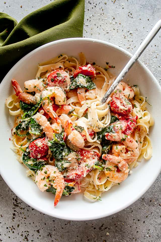 Shrimp and Pasta in a bowl.