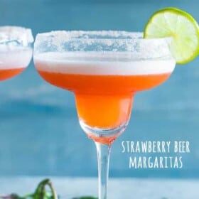 A delicious and pretty twist to the classic Beer Margarita prepared with fresh strawberries, tequila, and beer. The amazing combination of beer and margaritas makes for the perfect cocktail, and if you're looking for an easy party drink, look no further than our Strawberry Beer Margaritas.