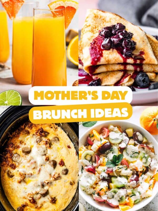 A collage of photos with brunch recipes for Mother's Day.