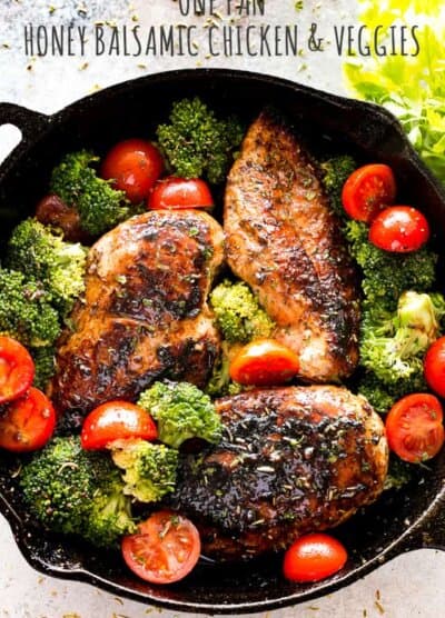 One Skillet Honey Balsamic Chicken and Veggies - One pan and 30 minutes is all you will need to make this juicy and tender chicken dish with veggies, coated in a wonderfully sweet and tangy honey balsamic sauce.