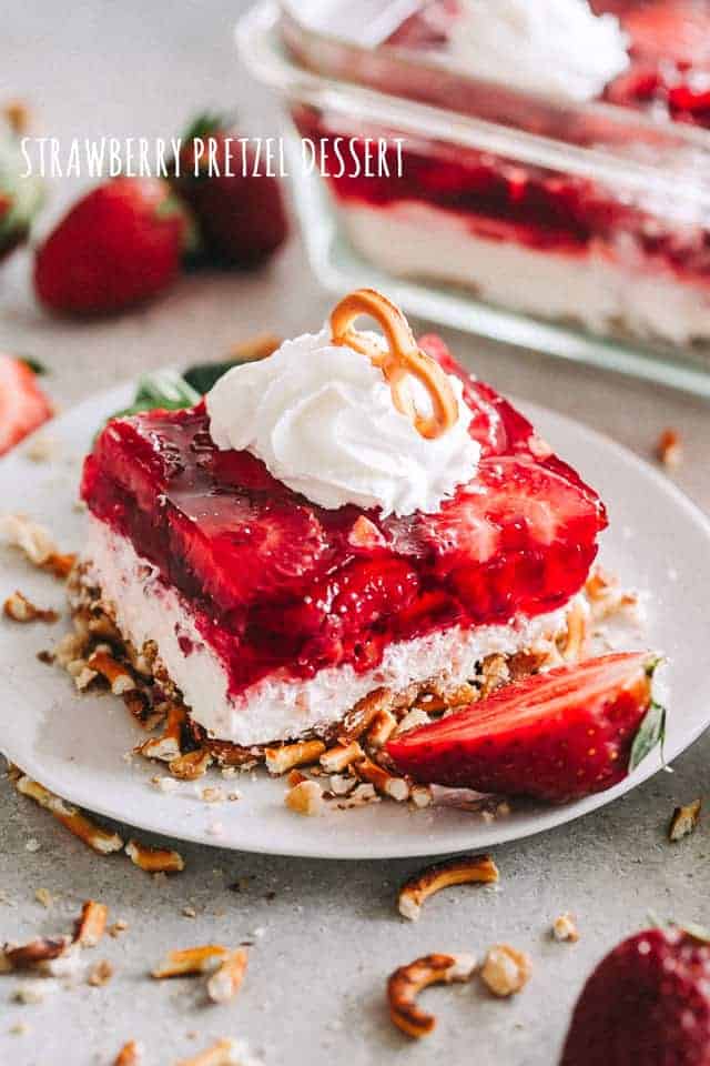 Strawberry Pretzel Dessert slice on a plate.