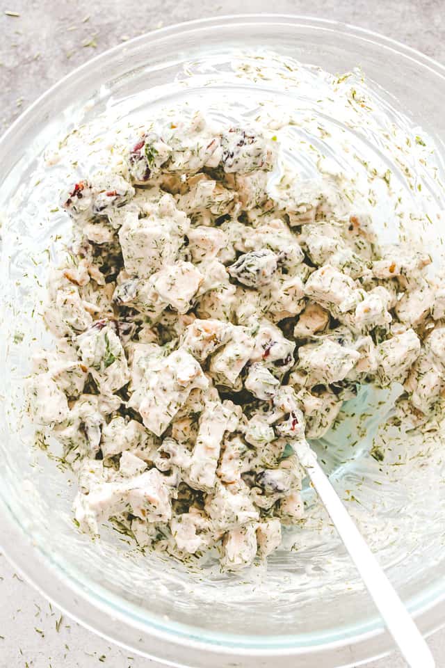Creamy Dill Chicken Salad with Nuts and Cranberries - Easy, delicious, and wonderfully creamy chicken salad packed with nuts and cranberries mixed in a zesty blend of yogurt, mayo, and dill. 