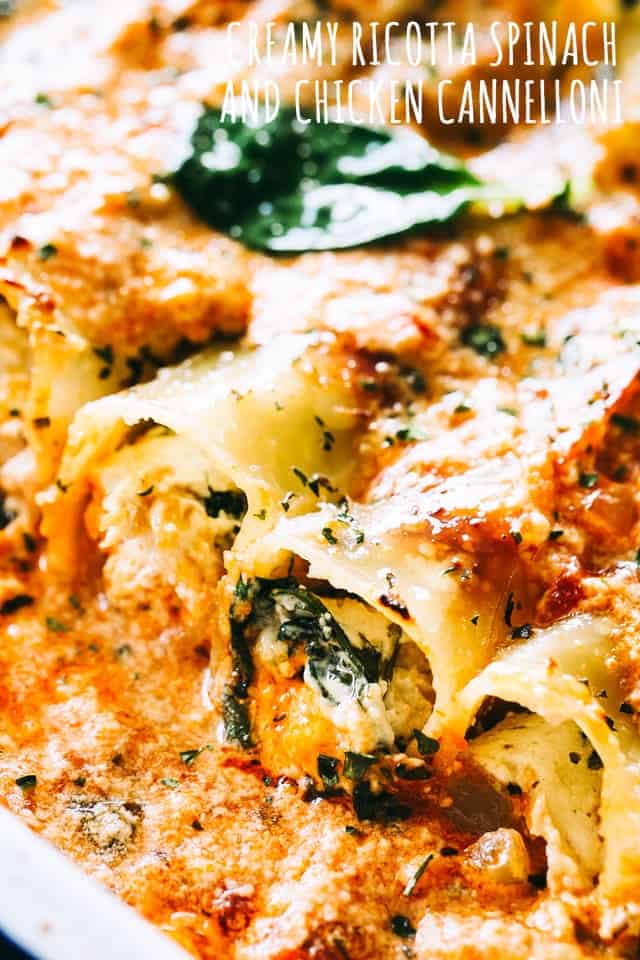 Pasta tubes, or cannelloni, stuffed with a Creamy Ricotta Spinach and Chicken mixture.
