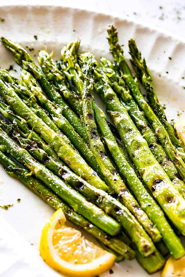 Grilled Asparagus arranged on a serving platter.