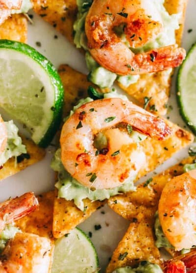 Closeup of Cajun shrimp and guacamole tortilla bites