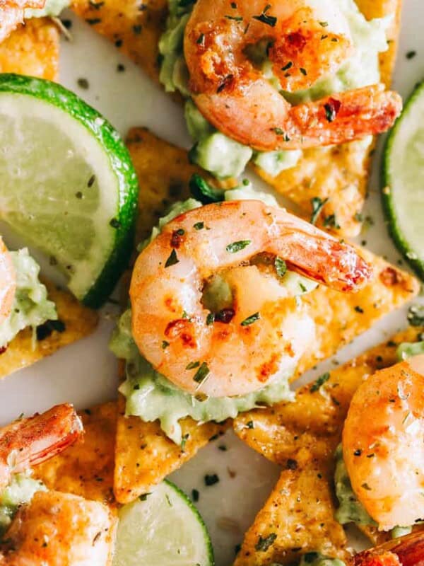 Closeup of Cajun shrimp and guacamole tortilla bites